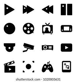 Solid vector icon set - play vector, fast forward, backward, pause, record, film coil, tv news, game console, surveillance camera, projector, playback, movie flap, button, joystick