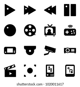 Solid vector icon set - play vector, fast forward, backward, pause, record, film coil, tv news, joystick wireless, game console, surveillance camera, projector, movie flap, button