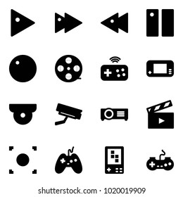 Solid vector icon set - play vector, fast forward, backward, pause, record, film coil, joystick wireless, game console, surveillance camera, projector, movie flap, button, gamepad