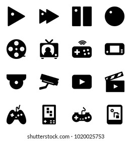 Solid vector icon set - play vector, fast forward, pause, record, film coil, tv news, joystick wireless, game console, surveillance camera, playback, movie flap, gamepad