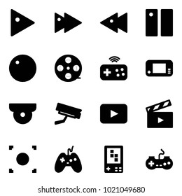 Solid vector icon set - play vector, fast forward, backward, pause, record, film coil, joystick wireless, game console, surveillance camera, playback, movie flap, button, gamepad