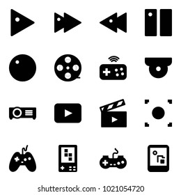 Solid vector icon set - play vector, fast forward, backward, pause, record, film coil, joystick wireless, surveillance camera, projector, playback, movie flap, button, game console, gamepad