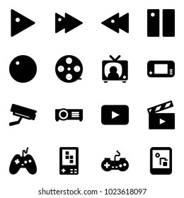 Solid vector icon set - play vector, fast forward, backward, pause, record, film coil, tv news, game console, surveillance camera, projector, playback, movie flap, joystick, gamepad
