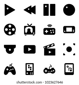 Solid vector icon set - play vector, fast backward, pause, record, film coil, tv news, joystick wireless, game console, surveillance camera, playback, movie flap, button, gamepad