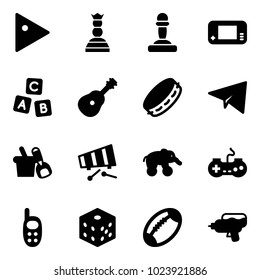 Solid vector icon set - play vector, chess queen, pawn, game console, abc cube, guitar, tambourine, paper plane, shovel bucket, xylophone, elephant wheel, gamepad, phone toy, bones, football