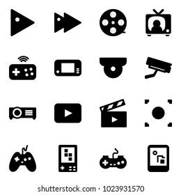 Solid vector icon set - play vector, fast forward, film coil, tv news, joystick wireless, game console, surveillance camera, projector, playback, movie flap, record button, gamepad
