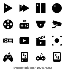 Solid vector icon set - play vector, fast forward, pause, record, film coil, joystick wireless, surveillance camera, projector, playback, movie flap, button, game console, gamepad