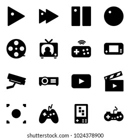 Solid vector icon set - play vector, fast forward, pause, record, film coil, tv news, joystick wireless, game console, surveillance camera, projector, playback, movie flap, button, gamepad