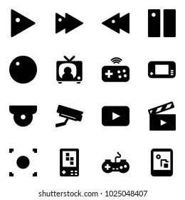 Solid vector icon set - play vector, fast forward, backward, pause, record, tv news, joystick wireless, game console, surveillance camera, playback, movie flap, button, gamepad