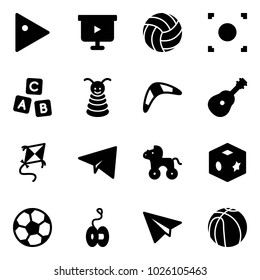 Solid vector icon set - play vector, presentation board, volleyball, record button, abc cube, pyramid toy, boomerang, guitar, kite, paper plane, wheel horse, soccer ball, yoyo, basketball