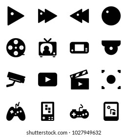 Solid vector icon set - play vector, fast forward, backward, record, film coil, tv news, game console, surveillance camera, playback, movie flap, button, joystick, gamepad