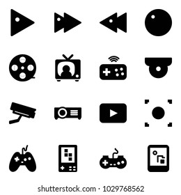 Solid vector icon set - play vector, fast forward, backward, record, film coil, tv news, joystick wireless, surveillance camera, projector, playback, button, game console, gamepad