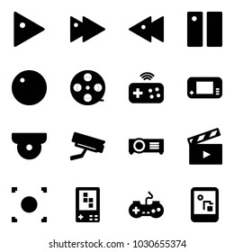 Solid vector icon set - play vector, fast forward, backward, pause, record, film coil, joystick wireless, game console, surveillance camera, projector, movie flap, button, gamepad
