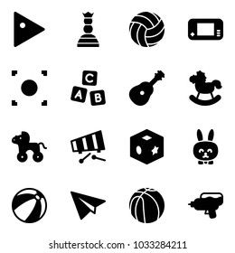 Solid vector icon set - play vector, chess queen, volleyball, game console, record button, abc cube, guitar, rocking horse, wheel, xylophone, toy, rabbit, beach ball, paper plane, basketball