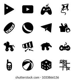 Solid vector icon set - play vector, playback, joystick, kite, tambourine, ball, paper plane, shovel bucket, wheel horse, xylophone, elephant, gamepad, phone toy, beach, bones, Tic tac toe