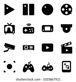 Solid vector icon set - play vector, pause, record, film coil, tv news, joystick wireless, game console, surveillance camera, projector, playback, movie flap, button, gamepad