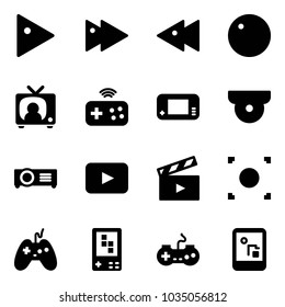 Solid vector icon set - play vector, fast forward, backward, record, tv news, joystick wireless, game console, surveillance camera, projector, playback, movie flap, button, gamepad