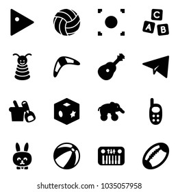 Solid vector icon set - play vector, volleyball, record button, abc cube, pyramid toy, boomerang, guitar, paper plane, shovel bucket, elephant wheel, phone, rabbit, beach ball, piano, football