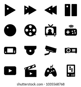 Solid vector icon set - play vector, fast forward, backward, pause, record, film coil, tv news, joystick wireless, game console, surveillance camera, projector, playback, movie flap