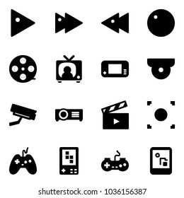 Solid vector icon set - play vector, fast forward, backward, record, film coil, tv news, game console, surveillance camera, projector, movie flap, button, joystick, gamepad