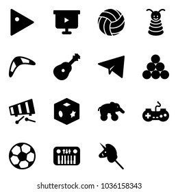 Solid vector icon set - play vector, presentation board, volleyball, pyramid toy, boomerang, guitar, paper plane, billiards balls, xylophone, cube, elephant wheel, gamepad, soccer ball, piano