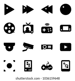 Solid vector icon set - play vector, fast forward, backward, record, film coil, tv news, joystick wireless, game console, surveillance camera, projector, playback, button, gamepad