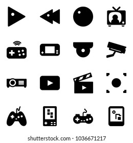 Solid vector icon set - play vector, fast backward, record, tv news, joystick wireless, game console, surveillance camera, projector, playback, movie flap, button, gamepad
