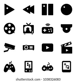 Solid vector icon set - play vector, fast backward, pause, record, film coil, tv news, joystick wireless, surveillance camera, projector, playback, movie flap, game console, gamepad