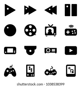 Solid vector icon set - play vector, fast forward, backward, pause, record, film coil, tv news, joystick wireless, game console, surveillance camera, projector, playback, gamepad
