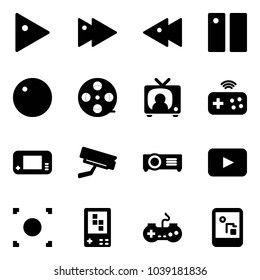 Solid vector icon set - play vector, fast forward, backward, pause, record, film coil, tv news, joystick wireless, game console, surveillance camera, projector, playback, button, gamepad