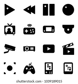 Solid vector icon set - play vector, fast backward, pause, record, tv news, joystick wireless, game console, surveillance camera, projector, playback, movie flap, button