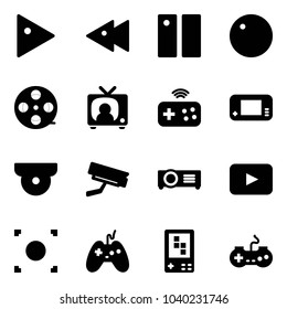 Solid vector icon set - play vector, fast backward, pause, record, film coil, tv news, joystick wireless, game console, surveillance camera, projector, playback, button, gamepad