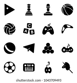 Solid vector icon set - play vector, chess queen, pawn, ball, volleyball, abc cube, joystick, boomerang, paper plane, billiards balls, gamepad, soccer, toy piano, yoyo, unicorn stick