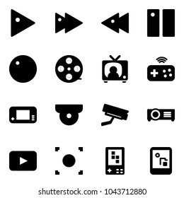 Solid vector icon set - play vector, fast forward, backward, pause, record, film coil, tv news, joystick wireless, game console, surveillance camera, projector, playback, button