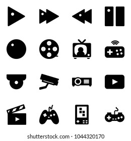 Solid vector icon set - play vector, fast forward, backward, pause, record, film coil, tv news, joystick wireless, surveillance camera, projector, playback, movie flap, game console, gamepad