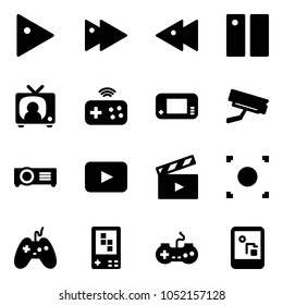 Solid vector icon set - play vector, fast forward, backward, pause, tv news, joystick wireless, game console, surveillance camera, projector, playback, movie flap, record button, gamepad