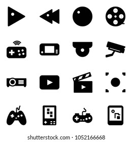 Solid vector icon set - play vector, fast backward, record, film coil, joystick wireless, game console, surveillance camera, projector, playback, movie flap, button, gamepad