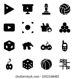 Solid vector icon set - play vector, presentation board, pawn, volleyball, playback, record button, shovel bucket, billiards balls, cube toy, elephant wheel, gamepad, phone, yoyo, bones, basketball