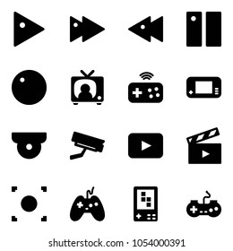 Solid vector icon set - play vector, fast forward, backward, pause, record, tv news, joystick wireless, game console, surveillance camera, playback, movie flap, button, gamepad
