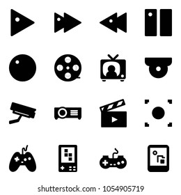 Solid vector icon set - play vector, fast forward, backward, pause, record, film coil, tv news, surveillance camera, projector, movie flap, button, joystick, game console, gamepad