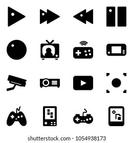 Solid vector icon set - play vector, fast forward, backward, pause, record, tv news, joystick wireless, game console, surveillance camera, projector, playback, button, gamepad