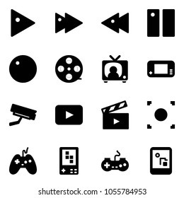 Solid vector icon set - play vector, fast forward, backward, pause, record, film coil, tv news, game console, surveillance camera, playback, movie flap, button, joystick, gamepad