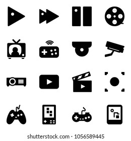 Solid vector icon set - play vector, fast forward, pause, film coil, tv news, joystick wireless, surveillance camera, projector, playback, movie flap, record button, game console, gamepad