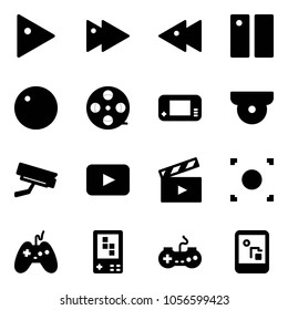 Solid vector icon set - play vector, fast forward, backward, pause, record, film coil, game console, surveillance camera, playback, movie flap, button, joystick, gamepad