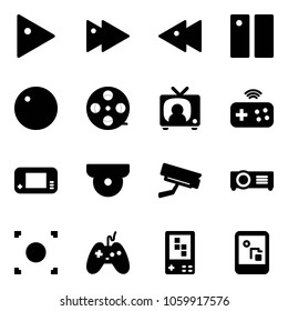 Solid vector icon set - play vector, fast forward, backward, pause, record, film coil, tv news, joystick wireless, game console, surveillance camera, projector, button