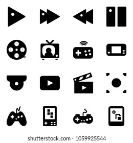 Solid vector icon set - play vector, fast forward, backward, pause, film coil, tv news, joystick wireless, game console, surveillance camera, playback, movie flap, record button, gamepad