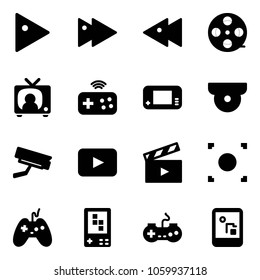 Solid vector icon set - play vector, fast forward, backward, film coil, tv news, joystick wireless, game console, surveillance camera, playback, movie flap, record button, gamepad