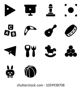 Solid vector icon set - play vector, presentation board, pawn, record button, abc cube, boomerang, guitar, tambourine, paper plane, shovel fork toy, rocking horse, billiards balls, rabbit