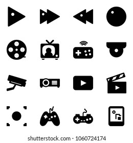 Solid vector icon set - play vector, fast forward, backward, record, film coil, tv news, joystick wireless, surveillance camera, projector, playback, movie flap, button, gamepad, game console