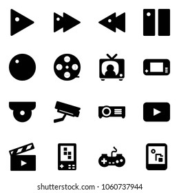 Solid vector icon set - play vector, fast forward, backward, pause, record, film coil, tv news, game console, surveillance camera, projector, playback, movie flap, gamepad